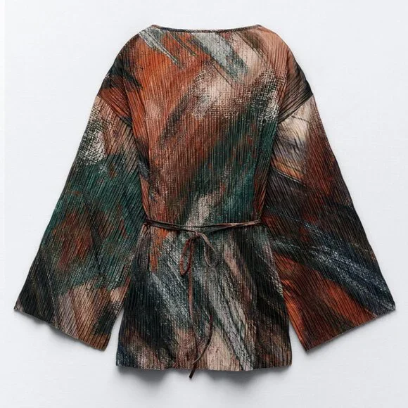 NWT Zara V-Neck Printed Pleated Self Tie Kimono Top Sz: Small - Picture 5 of 8